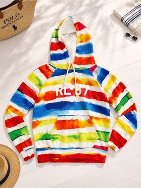 Vintage New Polo Ralph Lauren RL-67 Rainbow Fleece Hoodie Tagged M Fits S NOS